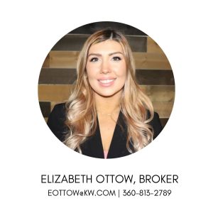 Girl with long blonde wavy hair wearing a black top with v neck, smiling for the camera in front of a wood plant wall.