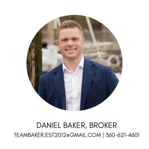 Headshot of Daniel Baker, Broker, in a circular frame with text below reading "Daniel Baker, Broker" and contact info "teambaker.est2012@gmail.com | 360-621-4601". He is a smiling man with short brown hair, wearing a white dress shirt and blue blazer outdoors near a marina.